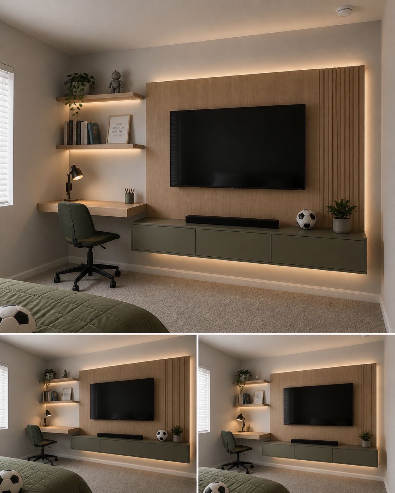 Oak media wall with integrated desk and lighting